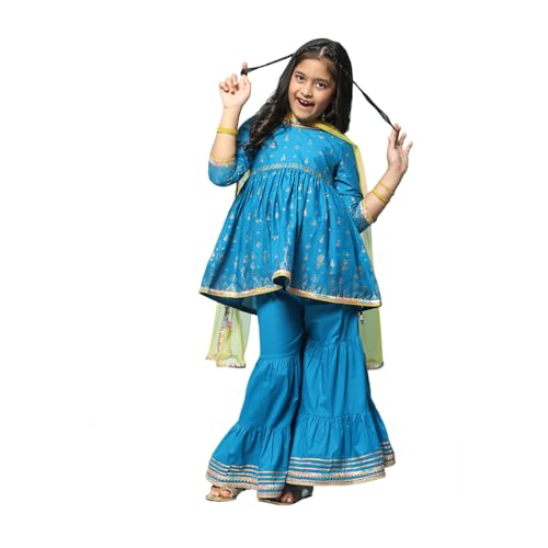 BIBA Girl's Cotton Printed Gathered Kid Kurta with Pant & Dupatta(Kw5482_Blue_9)