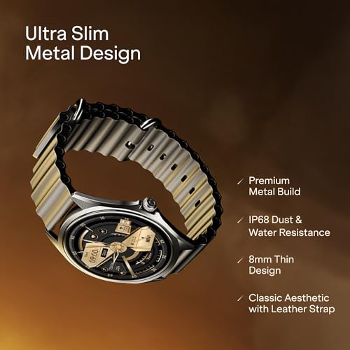 Boat Ultima Aeris 1.43" AMOLED Display, 1000 nits Brightness, Ultra Slim 8mm Metal Build, IP68, Auto HR & SpO2 Monitoring, Sleep & Stress Tracking, Stylish Smartwatch for Men & Women (Active Black)