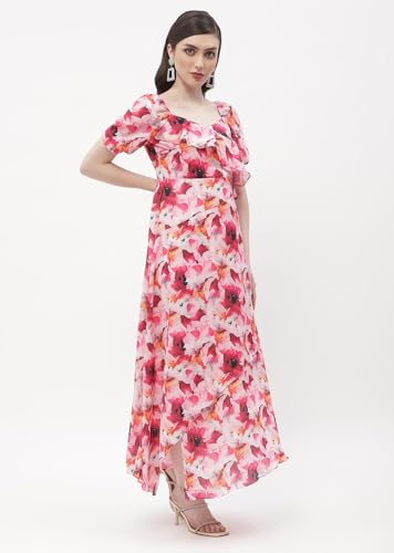 Madame Sweetheart Neck Hot Pink Floral Maxi Dress