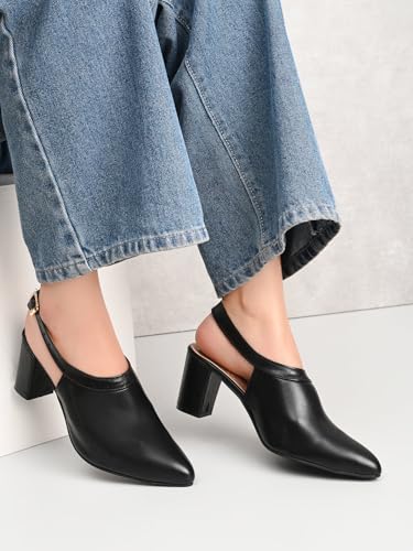 XE Looks Black Slingback Heels | Pointed-Toe Design | Adjustable Strap |Comfortable & Trendy Cushioned Footbed Heels for Girl & Women