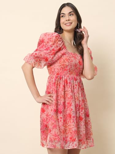 Trend Arrest.ed Women’s Floral Organza Puff Sleeve Mini Dress | Square Neck with Lining | Fit & Flare Western Style for Brunch, Travel & Day Outings (D5366_Pink_XL)