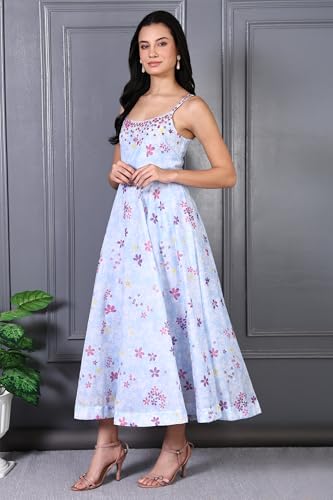 W for Woman Blue Floral Printed Thread Work Chanderi Flared Dress and Dupatta Set (Size: 3XL)-WS12493-125416