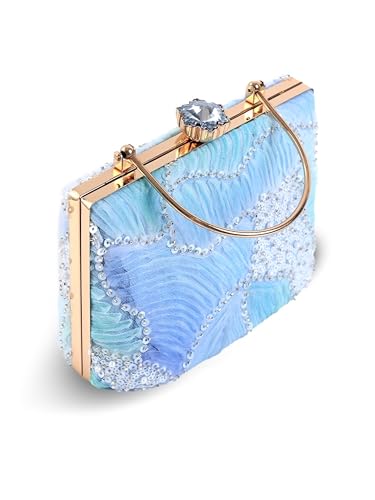 THE TAN CLAN Women's Blue Sequin Beaded Box Clutch Purse | Bridal Wedding Party Evening Handbag | Stylish Ethnic Crossbody Bag with Gold Chain Strap and Metal Handle for Women