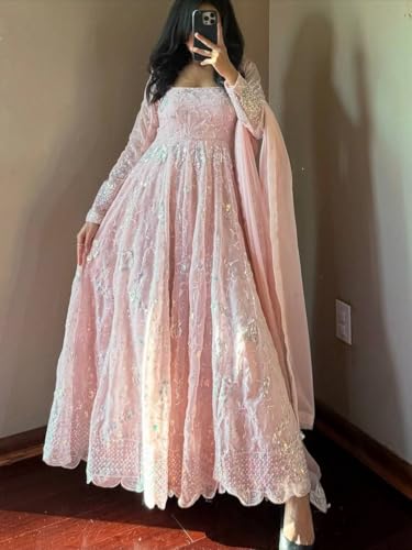SIRIO CRAFT Women’s Peach Pink Embroidered Anarkali Gown with Dupatta Ethnic Dress for Wedding & Festive (in, Alpha, L, Regular, Woman, pich Pink)