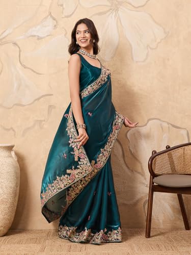 Ekasya Women Jimmy Silk Teal Green Floral Pattern Embroidery Work Saree With Unstitched Blouse (E6386_2)