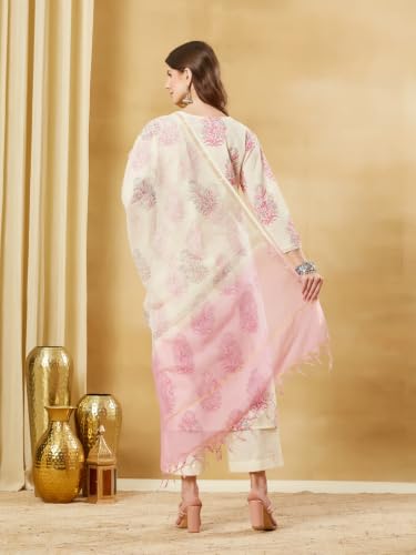 Divena Pink Floral Cotton Round Neck Kurta Sets with Dupatta