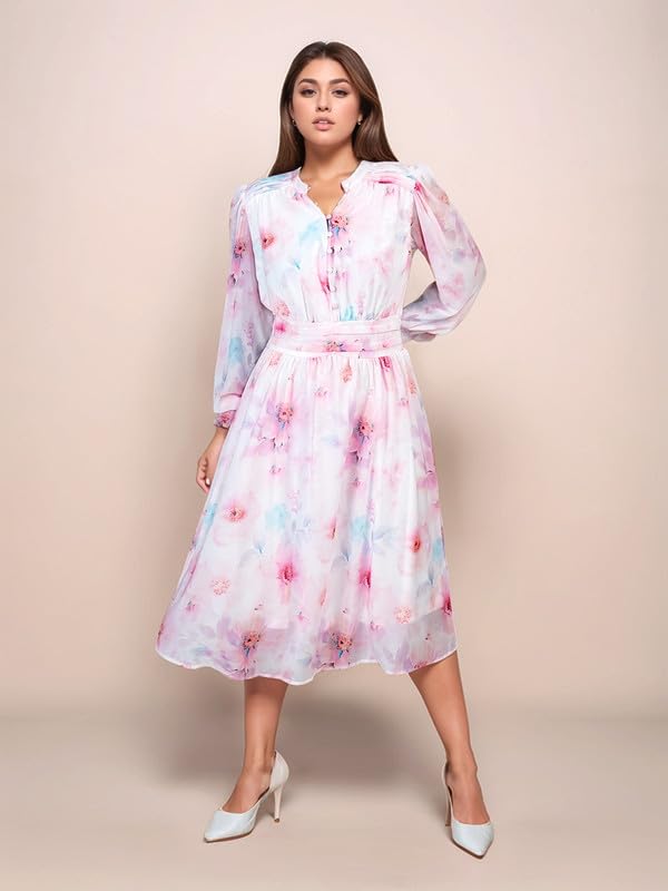 Zink London Women's White Floral Prints Relaxed Fit Midi Dress