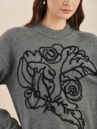 Latin Quarters Women's Grey Full Sleeves Round Neck Self Design Casual Hip Length Sweater_L
