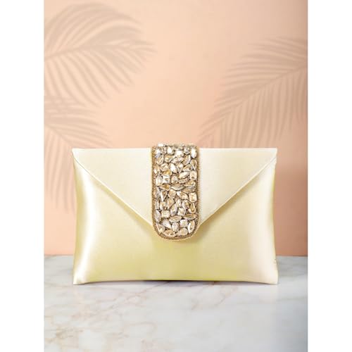 Peora Clutch Women's Purse Bridal Bag For Casual Detachable Strap Evening Sling Bag (Golden)