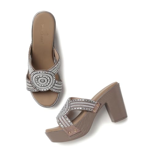 Marc Loire Women’s Embellished Block Heels Slip-On Open Back Fashion Sandals (Khakhi, UK Footwear Size System, Adult, Women, Numeric, Medium, 6)