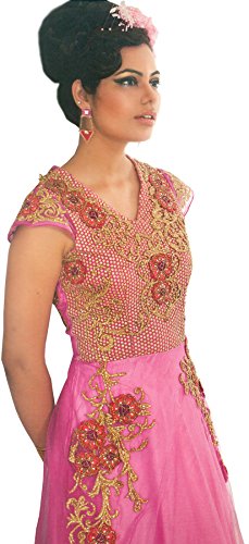 Exotic India Fuchsia-Pink Wedding Gown with Zari-Embroidery and SequinsGarment Size 34