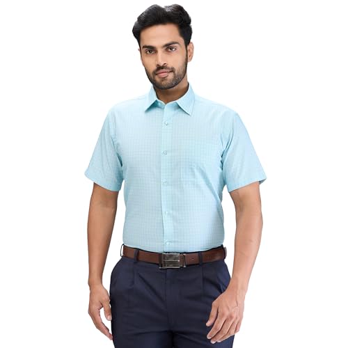 Raymond Men's Contemporary Fit Checks Pattern Pure Cotton Semi Cut Away Collar Half Sleeve Formal Shirt (Size: 44)-RMSY12320-N3 Medium Green