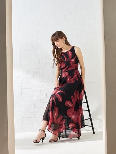 Latin Quarters Women's Wine Sleeveless Round Neck Printed Casual Maxi Dress_L
