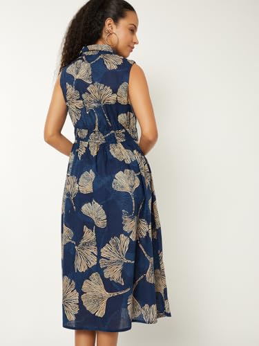 Max Women Printed A-line Midi Dress (Blue_XL)