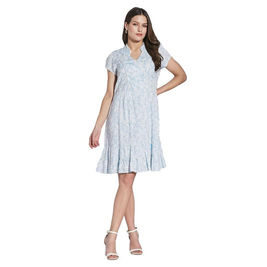 Latin Quarters Women Blue Mandarin Collar Half Sleeve Floral Dress_L