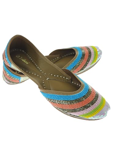 Fulkari Women's Salvia Gold Multicolor Soft Leather Embroidered Jutis | Bite and Pinch Free Jutti | Punjabi Formal Juttis | Girl's Wedding Flat Ladies Mojari | Formal Ethnic Juti | 41