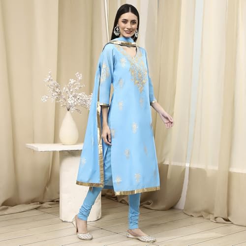Biba Women Blue Poly Chanderi Fitted Kurta Set_34