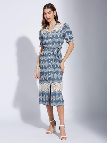 Latin Quarters Women Blue Collar Neck Half Sleeve Printed Shirt Dress_M