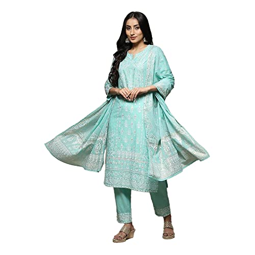 Biba Women's Printed Narrow Salwar Kurta Dupatta(Skdshweth S8632_Sea Green_38) - Cotton