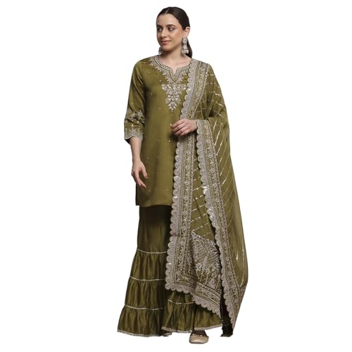 Biba Women Mehndi Green Cotton Silk Straight Suit Set_38