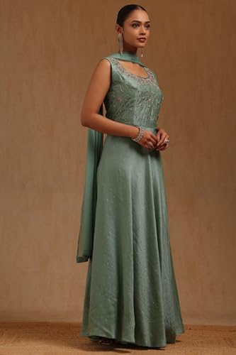 Soch Womens Turquoise Blue Vichitra Embroidered Gown with Cutdana