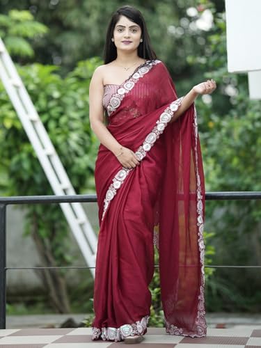 SAREE MALL Women's Maroon Satin Solid Saree With Unstitched Blouse (KESARI11601_KR)