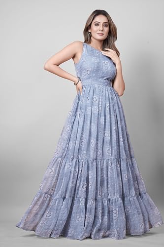 ODD BY chansi TRENDZ Women's Floral Anarkali Gown in Georgette, Grey, Ankel Length, Sleevless, Round Neck, Festive & Party Ethnic Wear