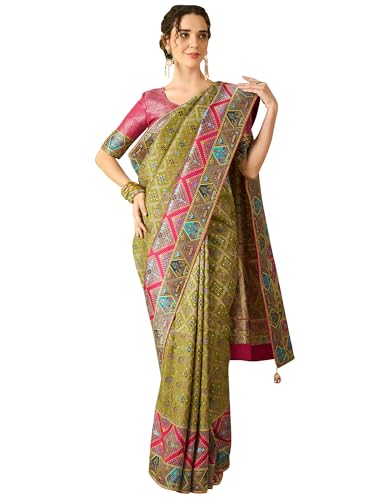 AKHILAM Women's Olive Viscose Silk Ethnic Motif Printed Saree With Unstitched Blouse Piece (MSTANI154B_HS)