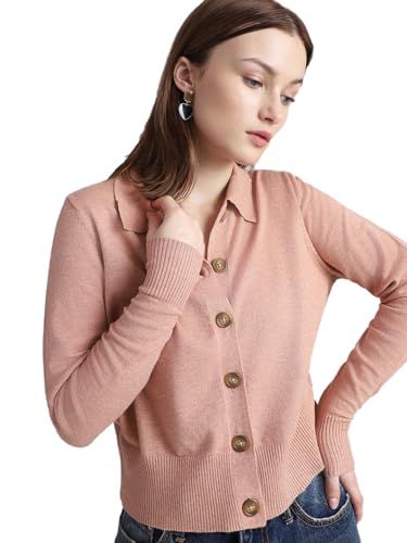 ONLY Women's Viscose Collared Neck Cardigan Sweater (15323381-Cameo Brown_Cameo