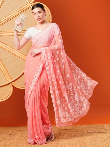 Ada Hand Embroidered Lucknowi Chikankari Georgette Saree With Unstitched Blouse Piece A191488, Peach - Womens