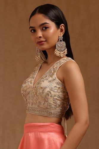 Soch Womens Light Yellow Tissue Embroidered Padded Blouse with Zari