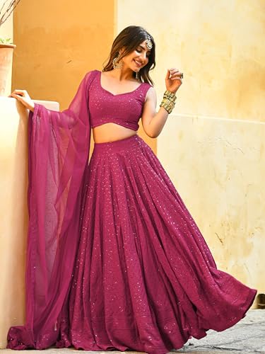 Zeel Clothing Women's Sequins Thread Embroidered Georgette Lehenga Choli With Dupatta (5124-Women-Lehenga-Choli-Latest,Free size) (Pink)