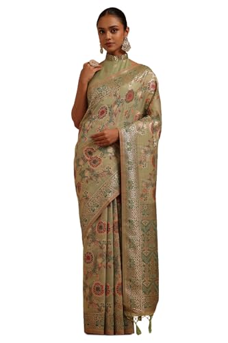 Soch Womens Light Green Chanderi Floral Woven Design Saree