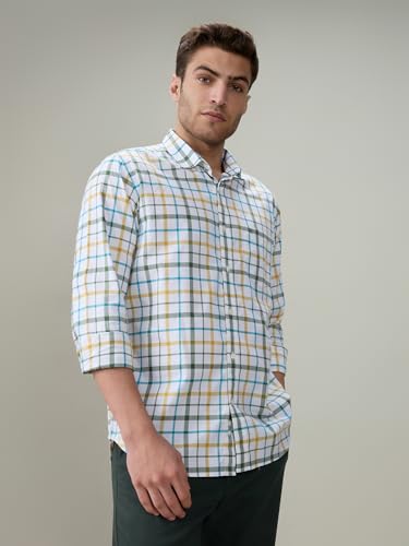 Raymond Men Regular Fit Checks Pattern Pure Cotton Button Down Collar Full Sleeve Casual Shirt Green