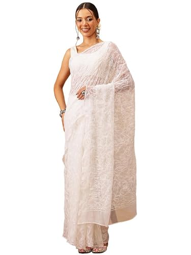 Ada Hand Embroidered Lucknowi Chikankari Georgette Saree for Women with Unstitched Blouse Piece A311382 White