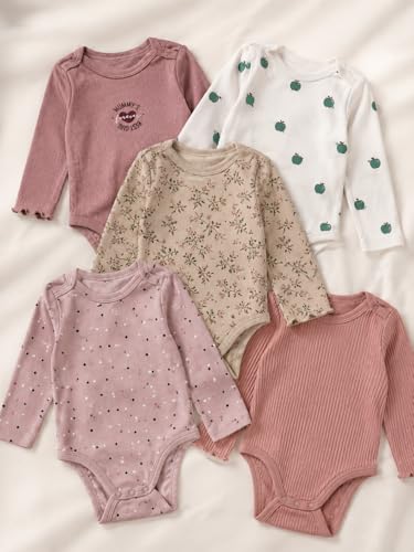 TuddyBuddy 100% Cotton Multi Color Romper/Bodysuit/Onesies for Baby Girl - (Pack of 5-2 Solid 3 Printed - Long Sleeves, 9 Months-12 Months)