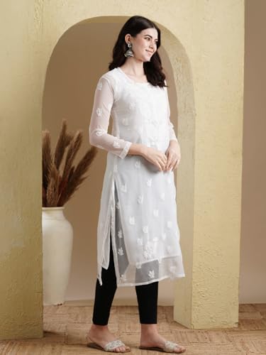 Ada Hand Embroidered Lucknowi Chikankari Women's Georgette Kurta Set with Slip A811191 White (XL)