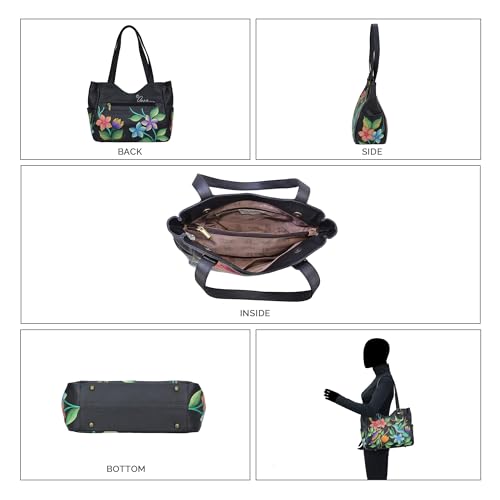 Anna by Anuschka Women's Genuine Leather Shoulder Bag - Hand Painted Original Artwork Exterior, Paradise Black, One Size