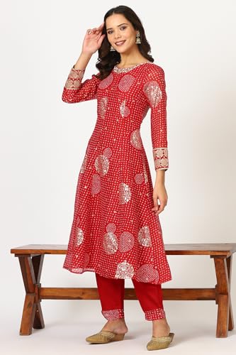 W for Woman Red Bandhej Dot Printed Flared Kurta with Embroidery, Straight Pants and Dupatta Set (Size: XL)-24AUWS11729-124798