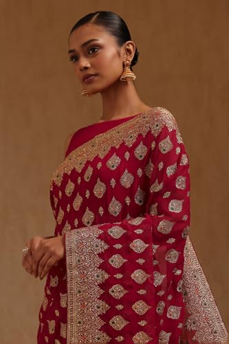 Soch Womens Fuchsia Georgette Embroidered Saree With Stone Work