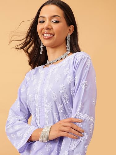 Ada Hand Embroidered Lucknowi Chikankari Mauve Cotton Kurta Kurti for Women A411707 (4XL)