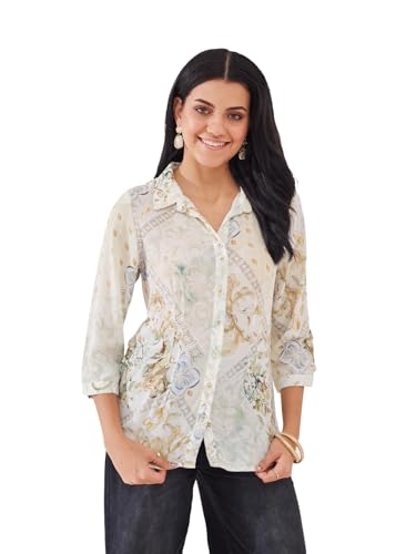 Latin Quarters Women's Off-White Printed 3/4th Sleeve Collar Neck Casual Shirt_M