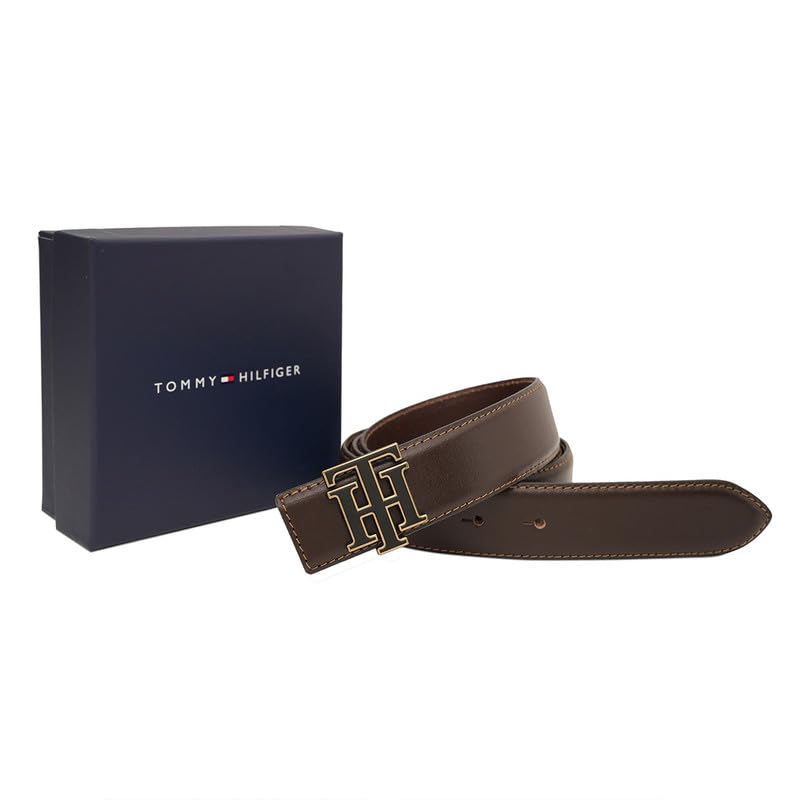 Tommy Hilfiger Men's Skibet Leather Belt - Th Interlock Monogram - Rich Brown For Classic Casual Styling & Gifting | Size M - 90 CM