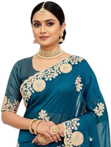 Glory Sarees Women's Silk Georgette Embroidery Work Saree With Blouse Piece (LF853_Teal)