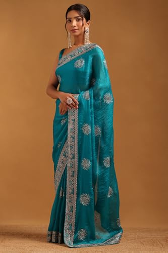 Soch Womens Turquoise Blue Fendy Organza Floral Saree With Zari Embroidery and stone work