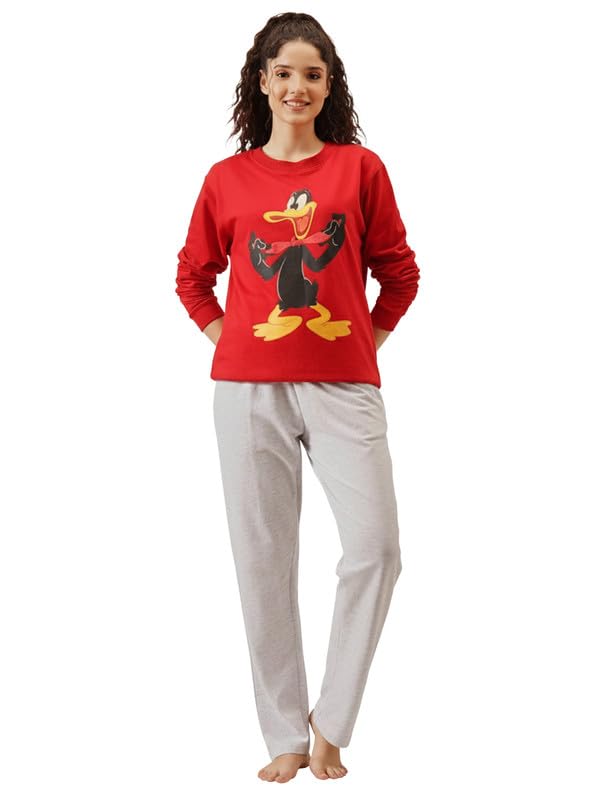 Clovia Women's Wintewear Terry Cotton Graphic Print Sweatshirt with Pyjama Set (COMLS0717_Red & Grey_L)