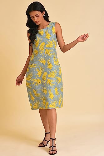 W for Woman Women's Cotton Blue and Yellow Abstract Print Western Dress Above The Knee 23FEW18818-810328