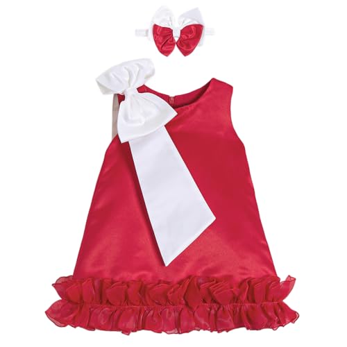 Hopscotch Girls Red Sleeveless Oversized Bow A-line Party Dress with Headband for Age (2-3 Years)