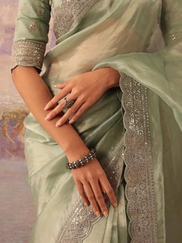 AKHILAM Women's Sea Green Organza Embellished Saree With Unstitched Blouse Piece (BITTI651_JR)