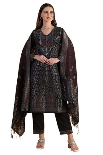 W for Woman Black Yarn Dyed Sequins A-Line Kurta & Straight Pant with Dupatta Set (Size: XL)-24NOWS11842-314128